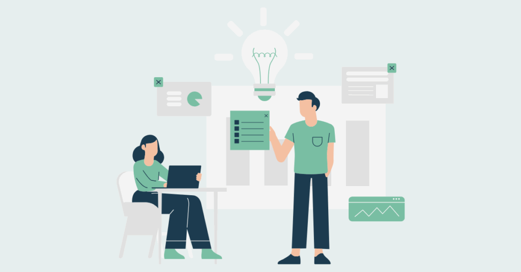 Illustration of teamwork on data and digital strategy with graphs and a lightbulb